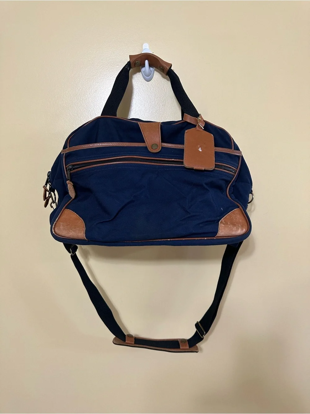L.L. Bean VTG Large Deluxe Duffle Bag Canvas Leather Navy Blue
